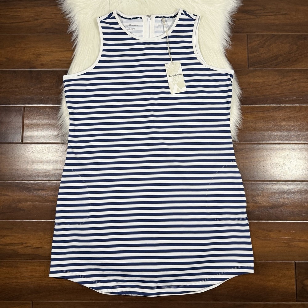 Tommy Bahama Size XL Blue Striped Aubrey IslandZone Sleeveless Pocket Dress